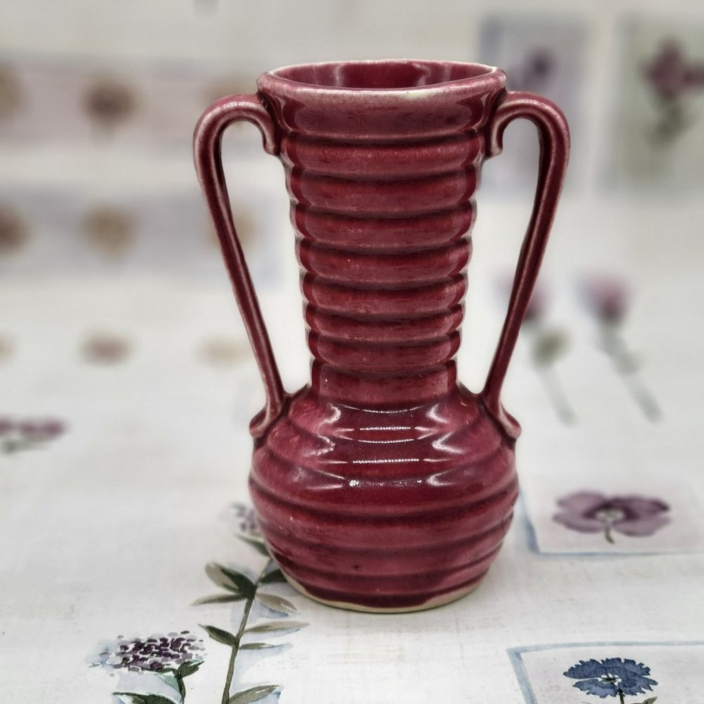 Vintage Art Pottery Vase USA Small Mulberry Ceramic Ribbed Two Handle